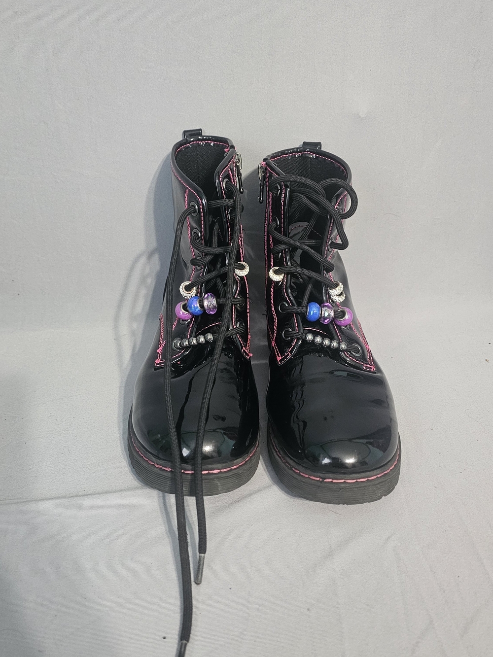 Stelle Black Patent Combat Boots with Pink Stitching - Big Kids Size 5